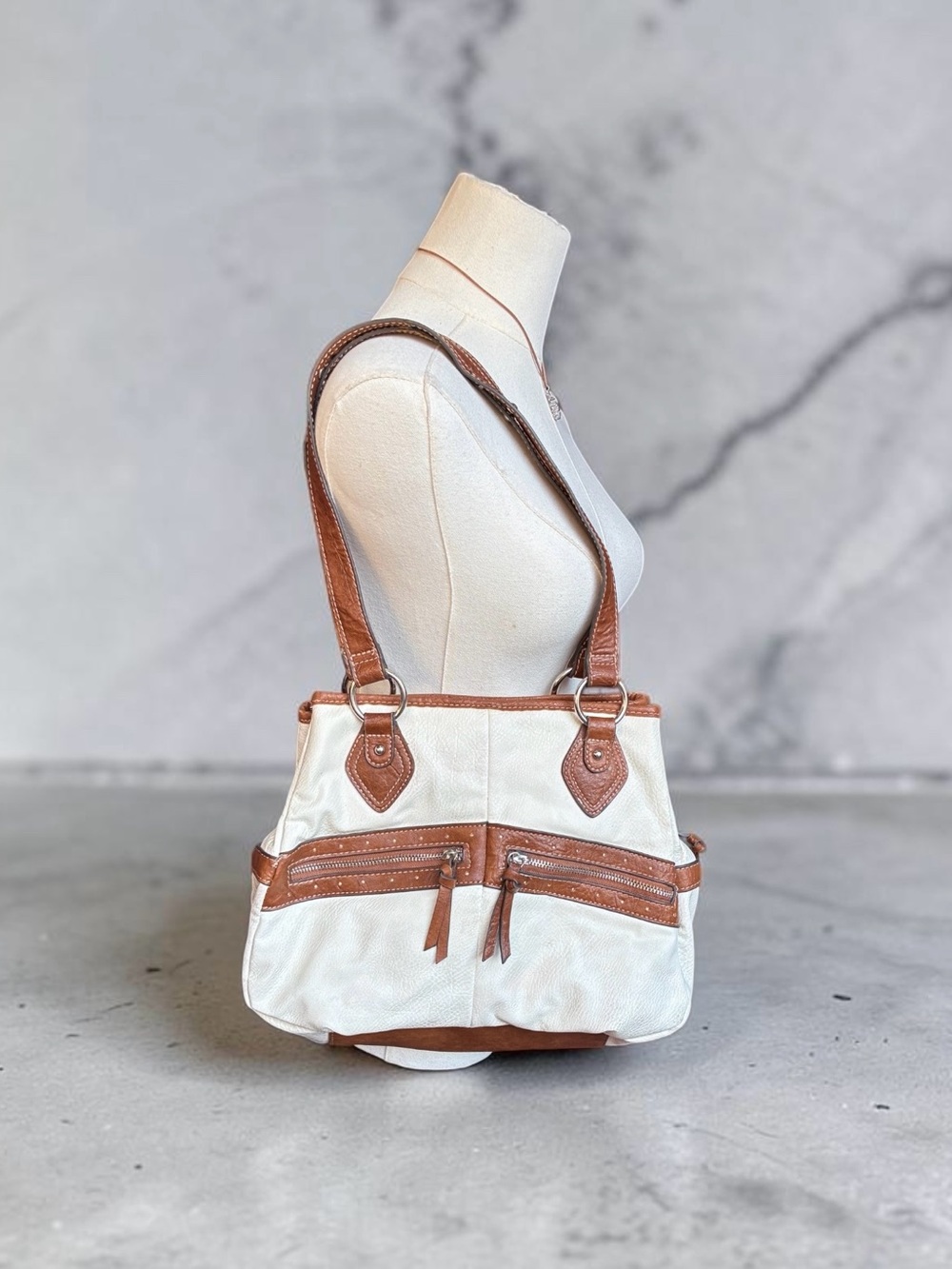 Women’s Cream and Tan Shoulder Tote Bag